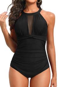 lot 2094 image: Tempt Me Women One Piece Swimsuit Black High Neck Plunge Ruched Tummy Control Bathing Suit XL - Retail $34