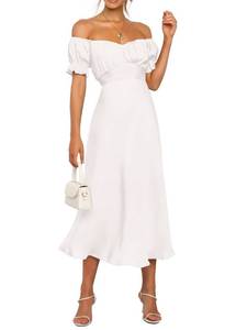 lot 2104 image: KIRUNDO Womens 2026 Spring Summer Satin Wedding Guest Midi Dress Off The Shoulder Wrap Party Cocktail Formal Prom Dresses(White, X-Large) - Retail $60