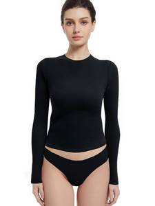 lot 2120 image: Abonlen Long Sleeve Shirts for Women Crewneck Basic Tees T Shirts Fitted Crop Tops Y2k Going Out Tops (Black,Medium) - Retail $20