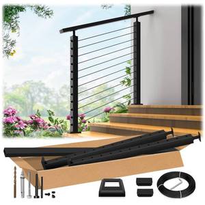 lot 2122 image: Zylorix 2ft-4ft Complete Set 33° Drilled Cable Railing System 42 with Handrail Cuttable, T304 Stainless Steel Black Angle Cable Railing Posts Kit with 18 Cable Railing Hardware for 28-38° Step - Retail $200