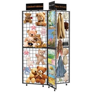 lot 2125 image: DEMEGA 360° Foldable Grid Wall Panel, Three 6 x 4.25 Ft Double Side Gridwall Display Stand with Notice board, Heavy Duty Sturdy Floorstanding Wire Grid Rack, Movable Wheel for Retail Art Craft Fairs - Retail $140