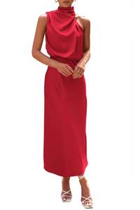 lot 2154 image: PRETTYGARDEN Womens 2025 Summer Satin Dress Elegant Sleeveless Mock Neck Cocktail Party Maxi Dresses (Red,Large) - Retail $58