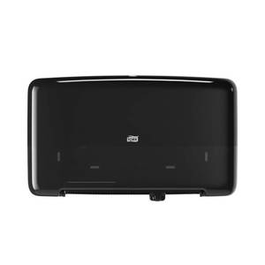 lot 2170 image: Tork Twin Mini Jumbo Toilet Paper Roll Dispenser Black T2, Protects Rolls, Elevation Range, 5555290 - Retail $25