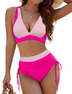 lot 2175 image: BMJL Womens High Waisted Bikini Sets Modest Tummy Control Swimsuit Two Piece Drawstring Bathing Suit (Hot Pink,L)