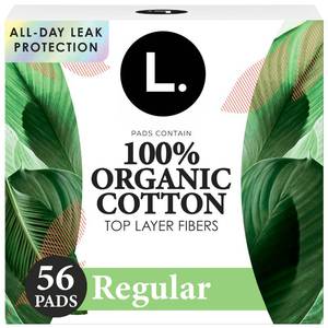 lot 2176 image: L. Ultra Thin Pads for Women, Regular Absorbency, Organic Cotton Top Layer, Unscented Pads with Wings, 56 Count - Retail $14