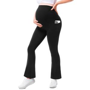 lot 2193 image: Walifrey Maternity Flared Leggings with Pocket Over The Belly Buttery Soft Pregnancy Yoga Pants Black M - Retail $10