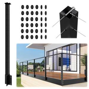 lot 2200 image: Gyykzz Side Mount Outer Corner Post 42 (Post Body 48), Fixed Top Three Side Drilled Corner Post Cable Railing, Black Stainless Steel 304 Fascia Mount Metal Post with Inner Terminal &amp Cable Grommet - Retail $100