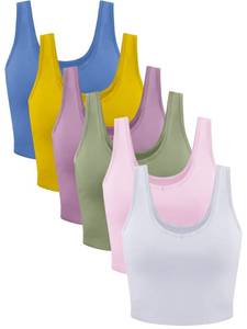 lot 2216 image: Geyoga 6 Pieces Women Basic Crop Tank Tops Sleeveless Sports Crop Top(Large,Light Color) - Retail $24