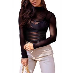 lot 2219 image: REORIA Womens Mesh Long Sleeve Bodysuits Sexy Sheer Mock Turtleneck Ruched Going Out Tops No Lining Black Small - Retail $25
