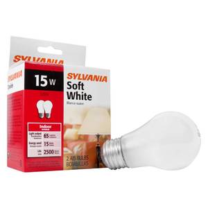 lot 3004 image: 2 pk LEDVANCE Sylvania Incandescent Appliance Light Bulb, 15W A15, Dimmable, Medium Base, 65 Lumens, Frosted, 2850K, Soft White - 2 Count (10015)&nbsp