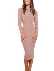 lot 3007 image: MEROKEETY Womens Long Sleeve Sweater Dress 2025 High Neck Slim Fit Ribbed Knit Midi Winter Dresses, Pink, L - Retail $51