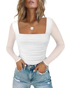 lot 3008 image: Chunpin Womens Bodysuits Square Neck Long Sleeve Bodysuits Mesh Ruched Thong Body Suit Outfits Going Out Tops White S - Retail $34