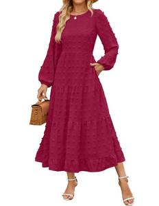 lot 3021 image: ZESICA Womens Fall Long Sleeve Maxi Dresses 2026 Crew Neck Swiss Dot Tiered Flowy A Line Wedding Cocktail Party Dress,Wine Red, XX-Large&nbsp