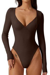 lot 3031 image: QINSEN Sexy Bodysuit for Women Sweetheart Neckline High Cut Thong Tops Long Sleeve Shirt Coffee Bean XL - Retail $30
