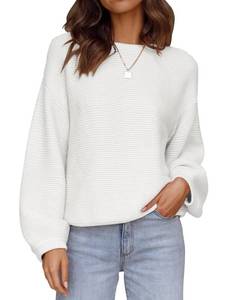 lot 3038 image: ZESICA Womens Crew Neck Long Lantern Sleeve Fall 2025 Casual Loose Ribbed Knit Solid Soft Pullover Sweater Tops,White,Medium - Retail $37