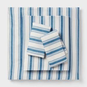 lot 3065 image: Queen Cotton Blend Sateen Sheet Set IvoryNavy Textured Stripe - Room Essentials - Retail $35