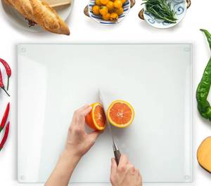 lot 3071 image: Kitchenville Glass Cutting Board 20x16 Tempered Glass Kitchen Counter Protector - Durable- Scratch-Resistant, Heat-Proof - Clear Design - Retail $27