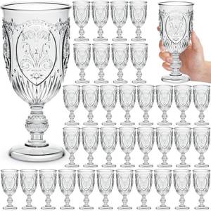 lot 3085 image: Wiwiqing 36 Pack Plastic Goblets 10oz Upgrade Vintage Water Goblet Plastic Wine Glasses Colored Retro Embossed Glassware for Party Wine Bar Juice Baby Shower Wedding Reception Grand (Clear) - Retail $84