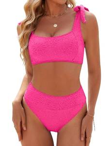 lot 3086 image: Blooming Jelly Womens High Waisted Bikini Set Tie Strap Jacquard Terry Cloth 2 Piece Swimsuit 2025 Modest Cute Retro Vintage Bathing Suit (Large, Hot Pink) - Retail $30