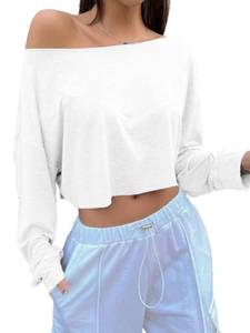 lot 3089 image: SOFIAS CHOICE Womens Off Shoulder Long Sleeve T Shirt Boat Neck Loose Crop Tops White Small - Retail $20