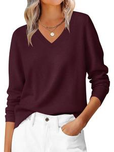 lot 3105 image: ANRABESS Womens Long Sleeve V Neck Sweaters 2025 Fall Casual Classic Soft Loose Fit Basic Pullover Jumper Top Dark Red Small - Retail $30