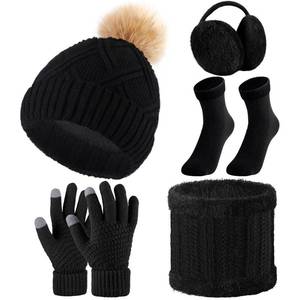 lot 3108 image: SATINIOR 5 Pcs Winter Hat Scarf Gloves Set Fleece Warm Lined Knit Beanie Hat Touch Screen Earmuff Gloves Warmer for Women - Retail $14