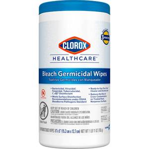 lot 3121 image: Clorox Healthcare Bleach Germicidal Wipes, 6 x 5, 150 Count Canister (Package May Vary) - Retail $12