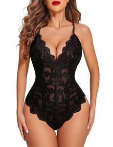 lot 3131 image: Avidlove Teddy Lingerie for Women Lace Bodysuit Snap Crotch Sexy V Neck One Piece Lingerie (Double Layers - Black, L) - Retail $14