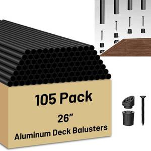 lot 3137 image: 105 Pack 26 inch Aluminum Balusters for Deck Railing,Black Round Metal Spindles for Staircase,34 Diameter Hollow Deck Ballasters with Screws and Connectors for Railing Fencing Porch Stair Spindles - Retail $126