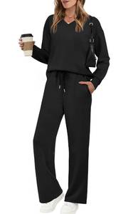 lot 3141 image: 2 Piece Sets for Women Airport Travel Outfits Womens Fall Fashion 2025 Must Haves Lounge Sets for Women Two Piece Outfits Wide Leg Pants Comfy Matching Set Winter Clothing Must Haves Black L - Retail $30