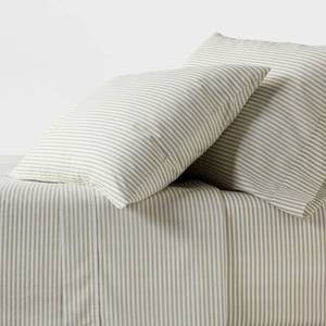 lot 3160 image: Queen 250 Thread Count Organic Percale Sheet Set Sage Green Stripe - Threshold GOTS & OEKO-TEX Certified, Includes 4pc - Retail $70