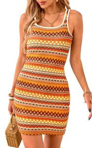 lot 3166 image: PRETTYGARDEN Womens 2026 Summer Mini Dresses Square Neck Sleeveless Tank Bodycon Striped Boho Sundresses Beach Vacation Criuse Outfits (Orange, M) - Retail $34