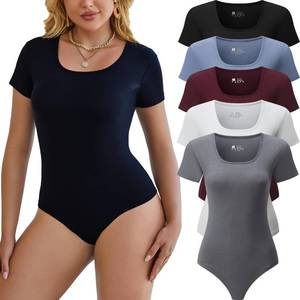 lot 3175 image: Chongbaijia 5 Pack Short Sleeve Bodysuits for Women Square Neck Casual Stretchy Basic Body Suits Tops T Shirts, XXL - Retail $36