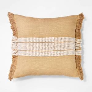 lot 3212 image: Woven Striped Square Throw Pillow NeutralCream Fringed Trim, Cotton, Indoor - Threshold designed with Studio McGee - Retail $25