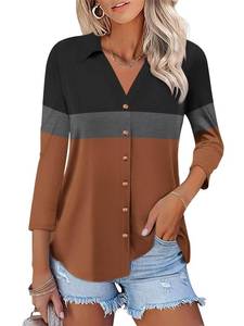lot 3214 image: ORANDESIGNE Womens Button Down Shirts 34 Length Sleeve Polo Collared Tops Business Casual Color Block Summer Tees, XL - Retail $15