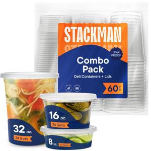 lot 3240 image: Stack Man 60-Sets Plastic Deli Food Storage Containers with Airtight Lids Combo Set  32 oz  16 oz  8 oz.  Disposable Plastic Takeout Containers for Soup - Freezer, Microwave and Dishwasher Safe - Retail $18