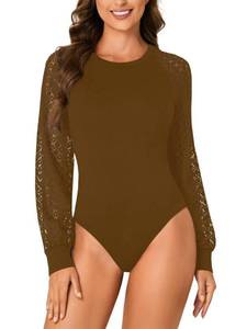 lot 3245 image: LYANER Womens Crew Neck Bodysuit Lace Hollow Out Long Sleeve Slim Fit Stretchy Leotards Tops Brown Large - Retail $19