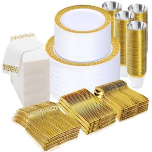 lot 3246 image: 700 Piece Dinnerware Set for Wedding & Party,100 Guest RimPlastic Plates,100 Plastic Silverware,100 Cups,100 Linen Like Napkins (Silver) lk - Retail $70