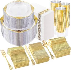 lot 3257 image: YOUBET 700PCS Clear Gold Plastic Plates - Elegant Gold Plastic Dinnerware Set Include 200 Disposable Plates, 300 Heavy Duty Silverware, 100 Cups, 100 Napkins for Wedding Party - Retail $130