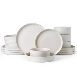 lot 3258 image: Famiware Star Dinnerware Set with Pasta Bowls, Service for 4 (16pcs), Ribbed Stoneware Plates and Double Bowls Dishes Sets - Chip & Scratch Resistant, Microwave & Dishwasher Safe, Matte White - Retail $120