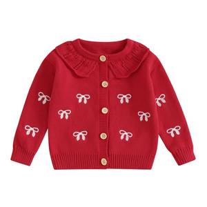 lot 3265 image: Baby Girl Bow Sweater Cardigan Open Front Button Down Long Sleeve Knitwear Coat Toddler Fall Spring Clothes (Red, 18-24 Months) - Retail $14
