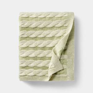 lot 3275 image: 50x60 Twisted Cable Throw Blanket Green and Cream - Threshold designed with Studio McGee - Retail $30
