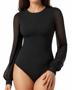 lot 3318 image: MANGOPOP Womens Sheer Mesh Puff Long Sleeve Bodysuit Double Lined Crew Neck Thong Body Suits Trendy Fall Tops 2025, Black, Medium - Retail $20