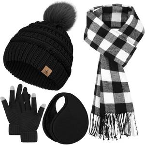 lot 3337 image: Winter Hat Scarf Gloves and Ear Warmer, Knit Warm Beanie Hat Touch Screen Gloves Long Knitted Plaid Scarf Set Gifts for Women Black - Retail $15
