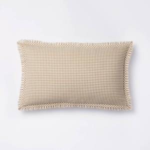 lot 3340 image: Oblong Gingham with Hemstitch and Raw Edge Decorative Throw Pillow Camel - Threshold designed with Studio McGee Cotton Cylinder Bolster - Retail $25