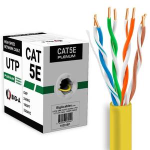 lot 3343 image: Big-A - 1000ft Cat5e Plenum Ethernet Cable, Yellow, 350MHz, 24AWG UTP, CMP Rated, Solid Network LAN Cord, Compatible with Printer, Gaming Consoles, Router, VoIP Phones, POE IP Cameras - Retail $105