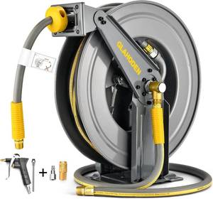 lot 3345 image: GLAHODEN Double Arm Retractable Air Hose Reel, 38 in 65 ft Hybrid Hose Heavy Duty Steel Professional Air Compressor Hose Reel with 5 ft Lead in Max 300PSI Auto Rewind Quick Coupler Swivel Fitting - Retail $142