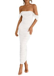 lot 3349 image: PRETTYGARDEN Womens 2025 Summer Off The Shoulder Dress Ruched Bodycon Sleeveless Split Cocktail Party Maxi Dresses (White,Medium) - Retail $52