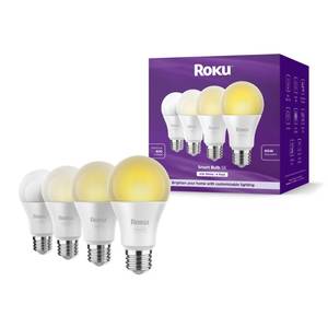 lot 3354 image: Roku Smart Light Bulbs (White, 4-Pack) - Dimmable A19 Lightbulbs with Adjustable Brightness & Temperature - WiFi Smart Bulbs Works with Roku Voice, Alexa & Google Assistant, No Hub Required - Retail $24