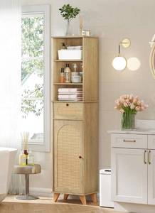 lot 3355 image: corpuwn 67 Tall Bathroom Storage Cabinet with Adjustable Shelves, Narrow Freestanding Rattan Storage Cabinet with Anti-toppling Device & Magnetic Door for Bathroom, Living Room, Kitchen - Retail $85